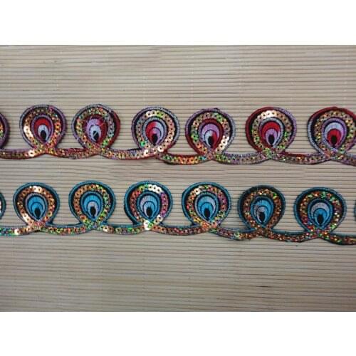 Flower dance supplies sequins peacock tail lace trim embroidery patch Eye shape strip iron on patch applique 4.7 meters
