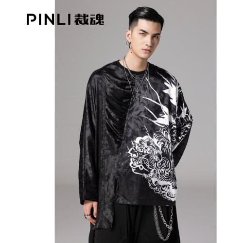 Free shipping New Mens Male BlackFashion Personality PINLI 2021 Summer Printed Black Round Neck Long Sleeve T-shirt BC211111181