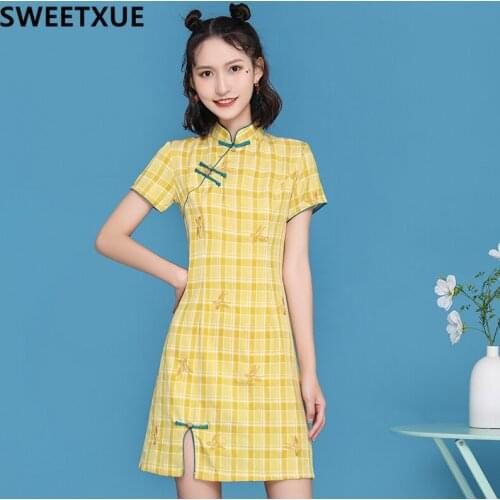 SWEETXUE Improved Cheongsam Retro Chinese Style Girl Cheongsam Dress Fashion Temperament Embroidery Qipao