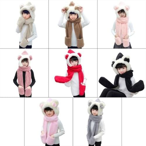 Kids 3 In 1 Warm Plush Fluffy Winter Hat 2020 Cute Bowknot Bear Ears Animal Scarf Mitten Gloves with Pocket Earflap Hoodie Cap
