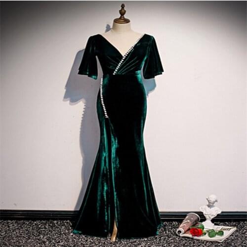 Evening Dresses Long Dress Vestido De Festa Dark Green Velvet V-Neck Short Sleeve Mermaid Evening Dress Formal Robe De Soiree