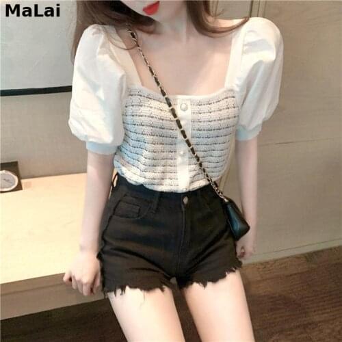 Kawai Woman TShirts 2021 Summer Short Sleeve Stitching Womens Slim Fit Square Collar Knitted Top Crop Mujer Camisetas Lolita