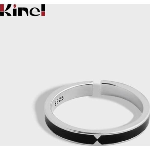 Kinel Real Silver 925 Jewelry Vintage Black Enamel Round Adjustable Ring Minimalist For Women Party Gift