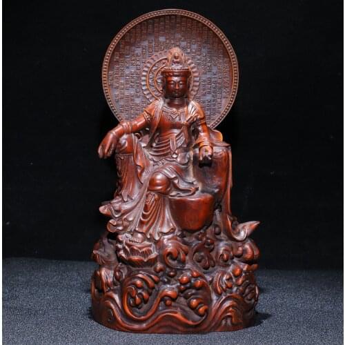 7"China Lucky Old Boxwood Hand-carved Free Goddess of Mercy Guanyin Prajna Paramita Heart Sutra Sitting Buddha Ornaments