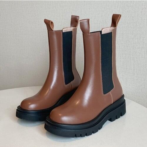SKLFGXZY China Women boots Genuine leather Chelsea boots The bottom of the thick black brown boots Womens shoes Size 34-40