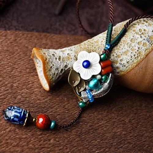 Chinese wind copper alloy jewelry vintage necklace ,new ethnic necklace,handmade glass glazed pendants sea shell necklace