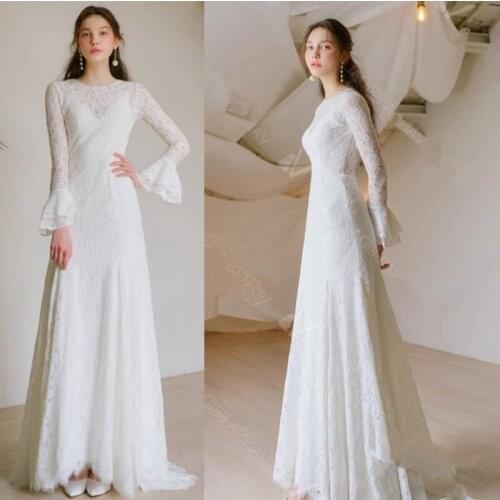 Sheath Sweep Train O-Neck Lace Bell Sleeve Wedding Dress 2021 Elegant Slim Bridal Gowns vestidos de mairee Wedding