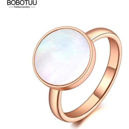 BOBOTUU Trendy Titanium Stainless Steel White Shell Party Ring Rose Gold Original Design Bohemia Ring Jewelry For Women BR20051