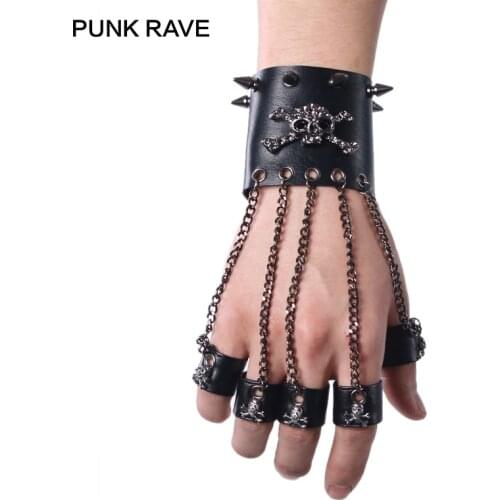 PUNK RAVE Rock Style Man Skull Spike Glove Gothic Men Bracelet Glove Steampunk PU Leather Skull Cuff-One Glove