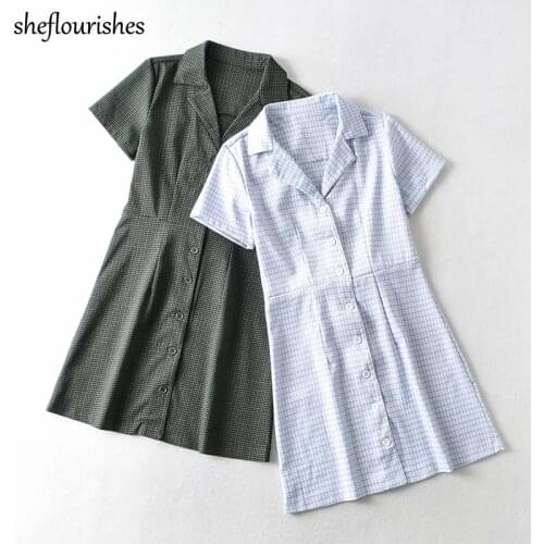 Vintage plaid dress women summer dress 2021 korean mini dresses short sleeve notched dresses blue single breasted dress lace up
