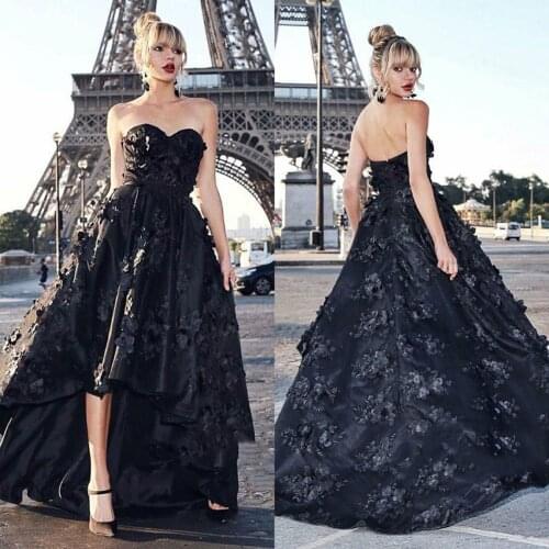 Hi Lo Black Prom Dresses Sweetheart Beaded 3D Floral Appliques Evening Gowns Sexy vestidos de gala