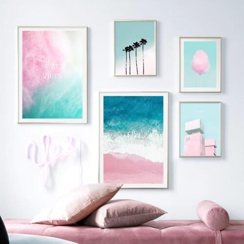 Pink Cotton Candy Sea Palm Tree Wall Art Canvas Painting Nordic Posters And Prints Landscape Wall Pictures For Living Room Decor