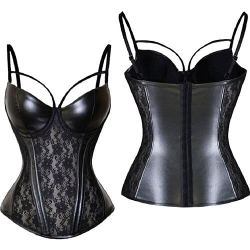 Sexy Lace Overbust Bustier Women Black Corsets Push Up Gothic Faux Leather Corselet Erotic Lingerie Plus Size Corset