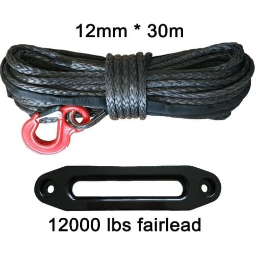 12mm * 30m synthetic winch rope with 2 tons hook and 12000lbs black aluminum hawse fairlead