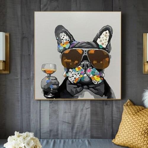 Modern Abstract Creative Cute Dark Gray Dog Drinking Cheering Art Canvas Painting Living Room Dining Room Decorative ArtPictures