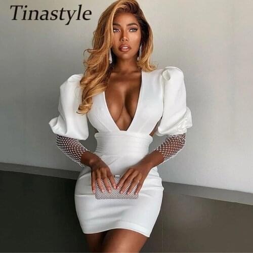 Tinastyle White Deep V Neck Sexy Blazer Dress Women Shiny Diamonds Puff Sleeve Bodycon Party Dress Ladies Elegant Mini Vestidos