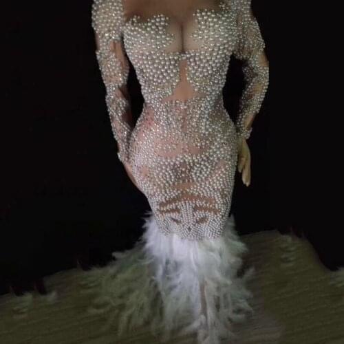 Female Singer Host Model Pearl Short Bag Hip Feather Dress Women Evening Performance Dance Stage Costume DJ342
