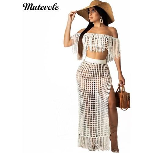 Mutevole Women Summer Short Sleeve Two Piece Tassel Sets Sexy Hollow Out 2 Piece Knit Set Crochet Crop Top and High Split Skirt