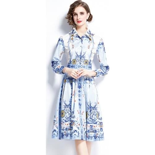 Banulin Women Floral Print Elegant Shirt Dress 2021 Spring High Quality Fashion Designer Runway Midi Dress Vestidos N68772