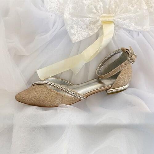 Fashion Satin Wedding Flats For Bride Pointed Toe Champagne Ballerians Women Shoes Ankle Strap Evening Ballets Flats