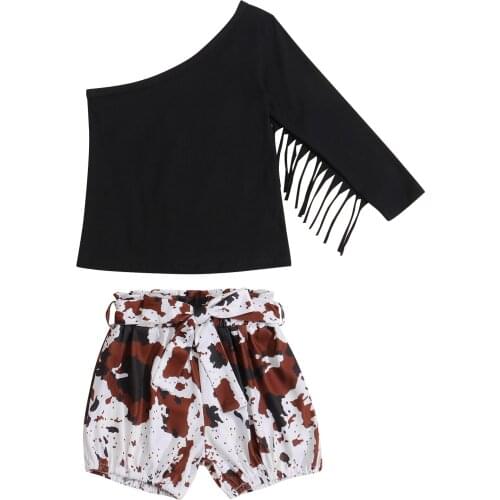 OPPERIAYA 2Pieces Kids Casual Set Baby Girls Tassel Solid Color Sloping Shoulder Long Sleeve Tops Floral Print Pants for Toddler