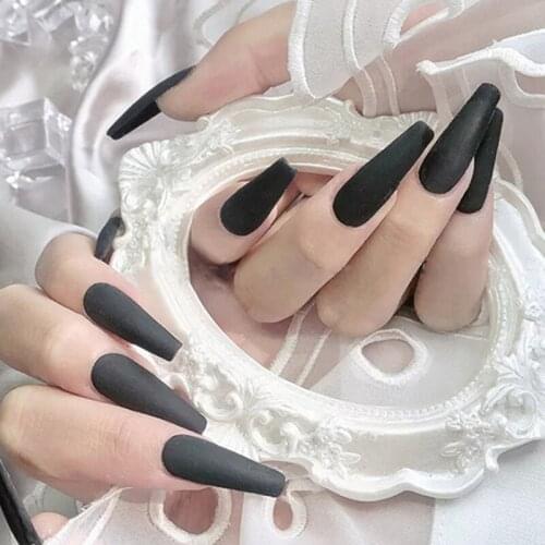 Long Black Matte Fake Nails European Coffin Nail Decoration False Nails Beauty Artificial Ballerina Full Nail Tips with Glue
