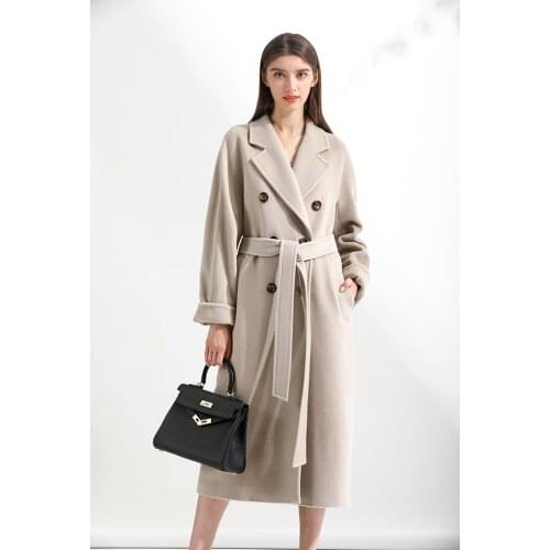 Classic Cashmere Coat Women Solid Color Lapel Double Breasted Wool Coats Autumn Winter Warm Long Outwears Casual Commute Outcoat