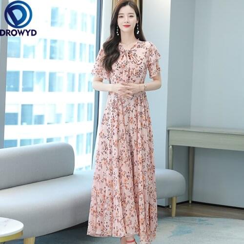 Summer Elegant Long Chiffon Dresses Women Floral Printed Bow Collar Beach Dress Female Boho Holiday Party Vestidos Oversize 4XL