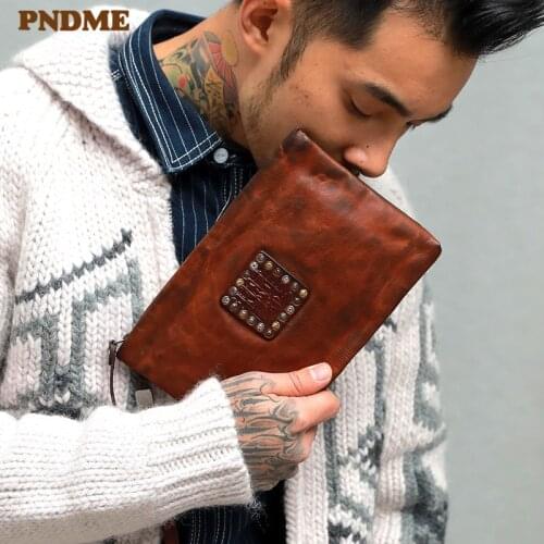 PNDME fashion vintage rivet designer natural genuine leather men womens clutch bag soft cowhide large-capacity envelope wallet