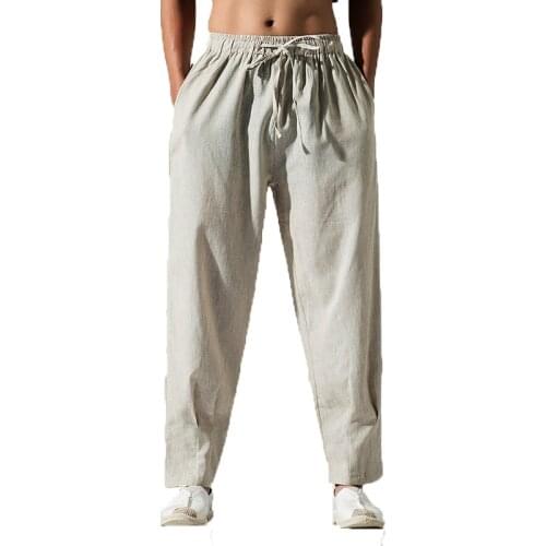 Men Pants Mens Solid Linen Drawstring Flax Pants Mens streetwear Cotton khaki Trousers Fashion Pant Linen pantalon hombre M-5XL