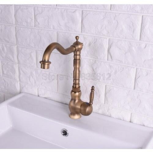 Deck Mounted Kitchen Vessel Sink Sink / Antique Brass Bathroom Basin Mixer Tap Sink Swivel Spout Vanity Faucet Wsf118