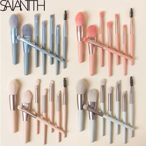 Saiantth 8pcs wooden handle soft hair makeup brushes set foundation blush eyeshadow smudge brush cosmetic portable beauty tools
