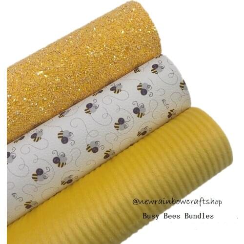 New Rainbow 30X22CM/A4 Busy Bees Bundle Fuax Leather Chunky Glitter & Velvet Fabric Sheets for Bows, Earrings, DIY Crafts