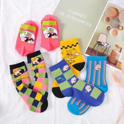 Autumn and winter warm cartoon socks female ins tube color socks plaid striped socks Popeye Passion surging socks