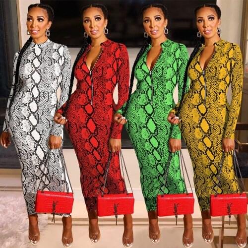 Sexy Snake Print Bodycon Long Dress Long Sleeve Zipper Women Winter Evening Party Night Dress Vintage Vestidos Outfits Plus Size