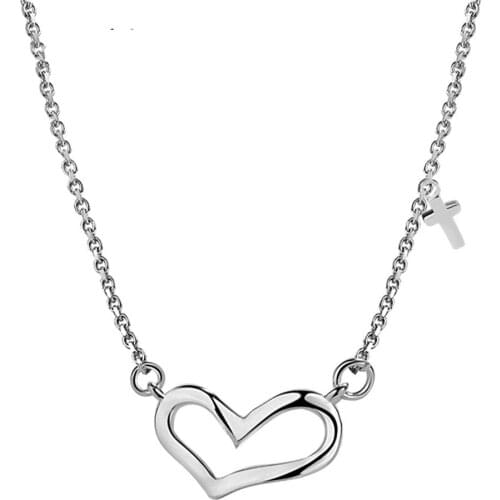 Authentic 925 Sterling Silver Simple Love Heart Cross Pendant Cross Chain Necklaces For Women Wedding Party Jewelry Gift