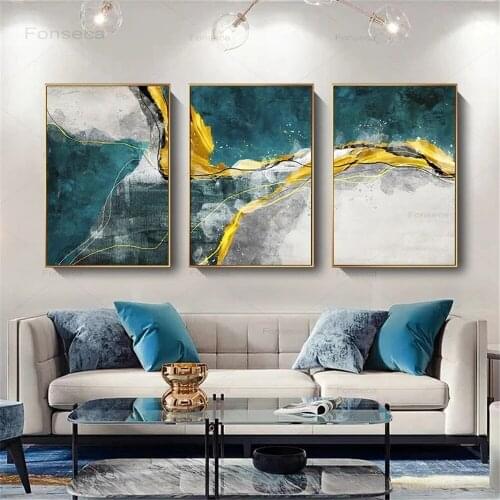 Golden Blue Canvas Poster Abstract Luxury Wall Art Painting Nordic Posters and Prints Wall Pictures for Living room Home Decor