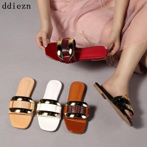 Big Size Ladies Slippers Women Flip Flop Summer Shoe New 2021 Casual Metal Decoration Flip Flops Slides Square Toe Female Shoes