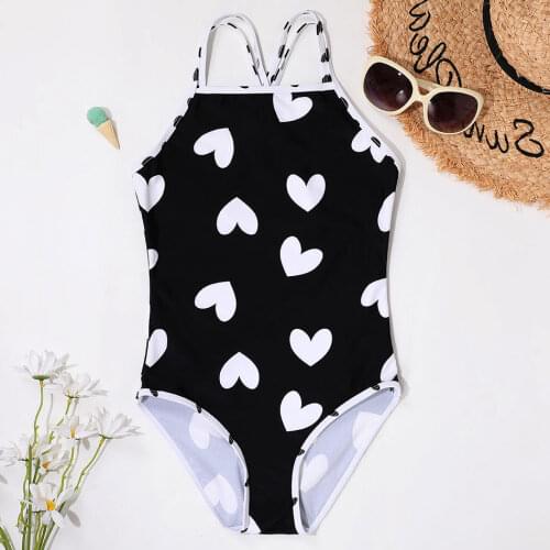 Heart Print Girls One Piece Swimsuit Kids 5-12 Years Girl Bathing Suit Swim Monokini Cross Back Childrens Swimwear Beachwear