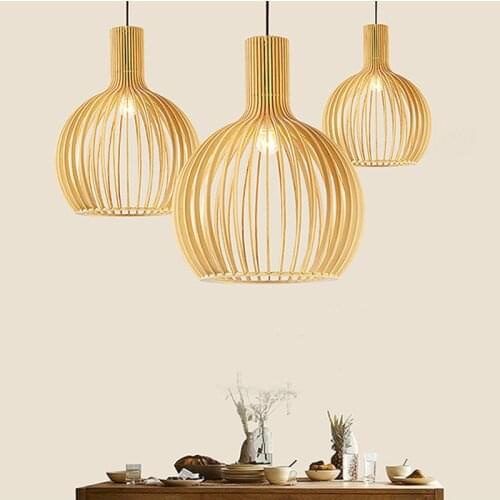 Modern Restaurant Pendant Lamp Japanese Hanging Lighting Nordic Wood Art Bar Bedroom Dining Bedside Birdcage Indoor Decor Light