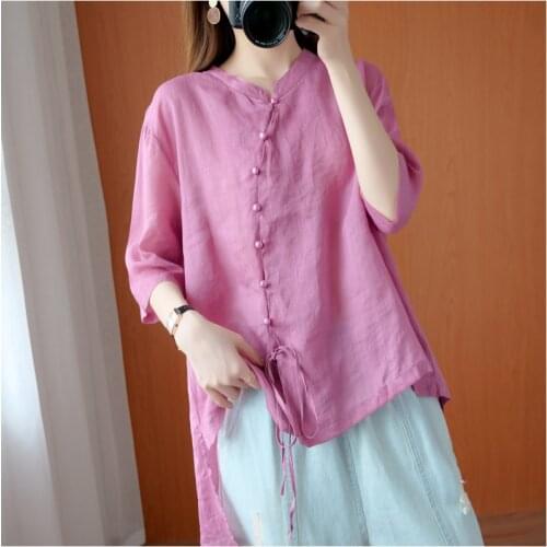 New Retro Chinese Women Blouse Traditional Vintage Oblique Shirt Zen Summer Cotton Oriental Woman Tops Mandarin Collar Cheongsam