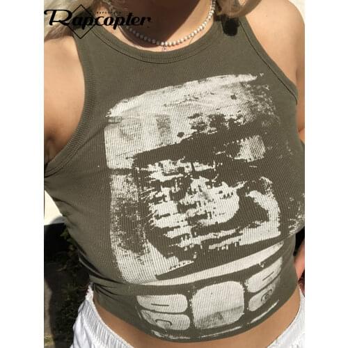 Rapcopter Vintage Print Cropped Tanks y2k Aesthetic Crop Top Sleeveless O Neck Skinny Corset Tops Female Summer Basic Tee Tops