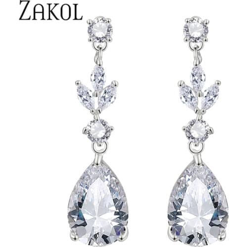 ZAKOL Fashion AAA Cubic Zircon Drop Earrings for Women White Color Leaf Wedding Jewelry Factory Wholesale FSEP4004