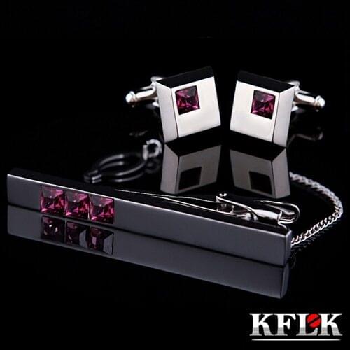 KFLK Cuff links necktie clip for tie High Quality tie pin for men Purple Crystal tie bars cufflinks tie clip set Jewelry