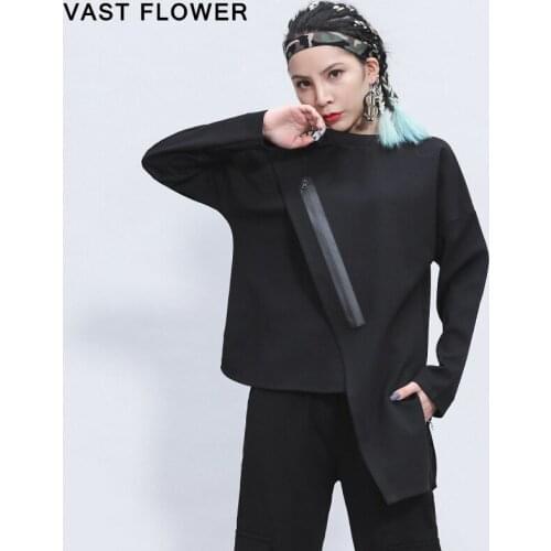 Black Zipper Irregular T-Shirt Women New Round Neck Long Sleeve Loose Casual Tshirt Tops Fashion Clothes Spring Autumn 2021