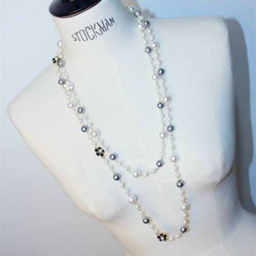 SHIFEEL 2018 New Fashion Black White Small Flowers Gray Pearls Double Chain Long Necklace Women Sweater Chain
