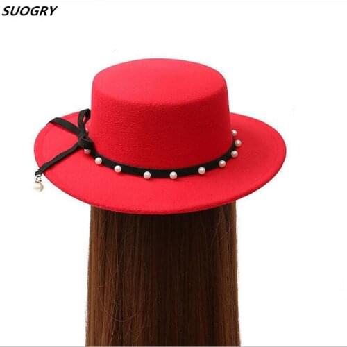 SUOGRY Brand Pearl Boater Flat Top Hat for Women Wool Felt Wide Brim Fedora Hat Autumn Winter Gambler Top Hat Female Bowler Hats