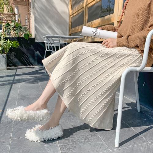 Female 2021 Autumn Winter Korean Style Fashion Warm Knitted Long Skirts Women Solid High Waist Sweater Skirt Jupe Femme Y685