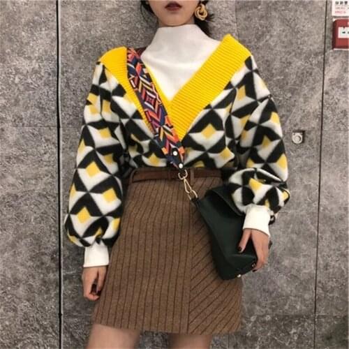 Women Striped Skirt 2 Piece set Autumn Winter New Womens V-Collar Geometric Pattern Printed Pullover + Mini-striped Skirt Suit