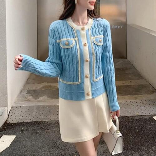 Twist Knitted Cardigan 2021 Autumn Winter Round Neck Single Breasted Cardigan Sweater Contrast Gold Edged Black Cardigan Women